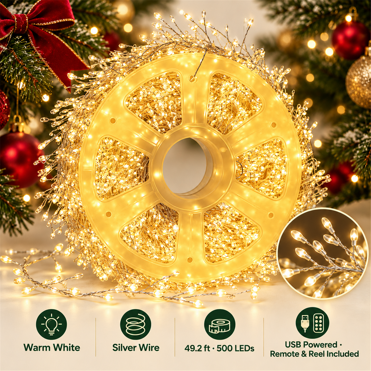 🎄✨ 49.2ft 500 LED Christmas Cluster String Lights – USB Powered with US Plug, Remote & Storage Reel 🎁🎁