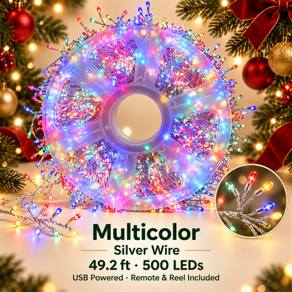 🎄✨ 49.2ft 500 LED Christmas Cluster String Lights – USB Powered with US Plug, Remote & Storage Reel 🎁🎁