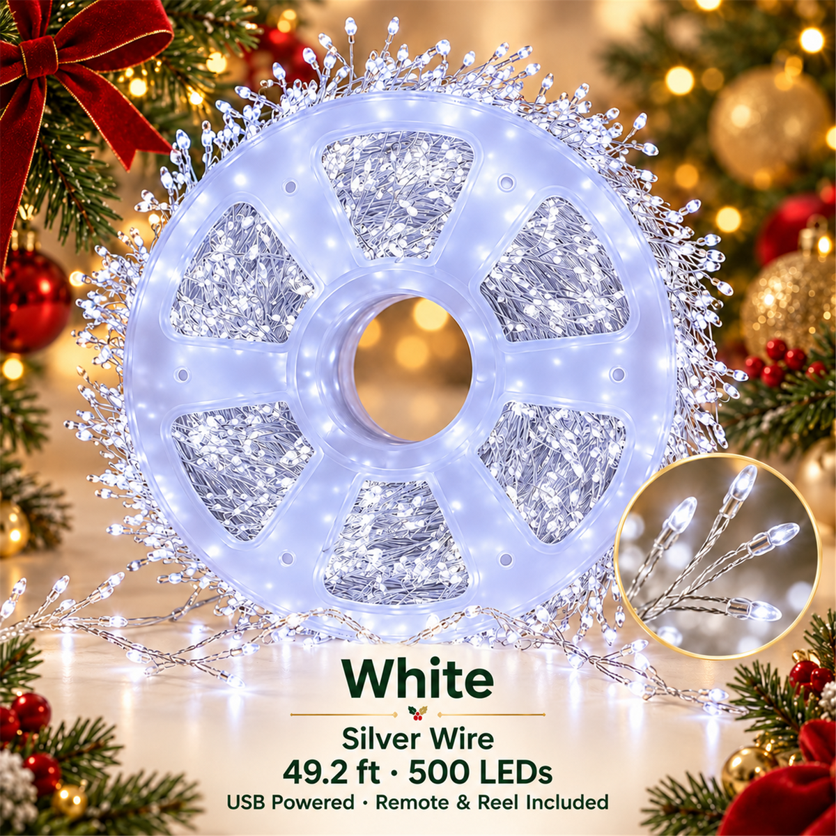 🎄✨ 49.2ft 500 LED Christmas Cluster String Lights – USB Powered with US Plug, Remote & Storage Reel 🎁🎁