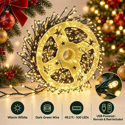 🎄✨ 49.2ft 500 LED Christmas Cluster String Lights – USB Powered with US Plug, Remote & Storage Reel 🎁🎁
