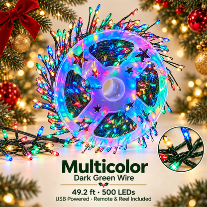 🎄✨ 49.2ft 500 LED Christmas Cluster String Lights – USB Powered with US Plug, Remote & Storage Reel 🎁🎁