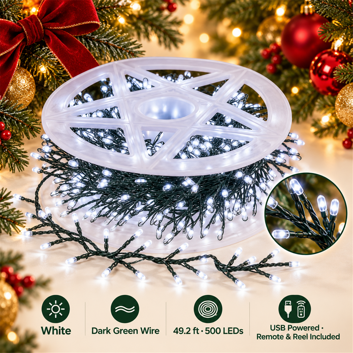 🎄✨ 49.2ft 500 LED Christmas Cluster String Lights – USB Powered with US Plug, Remote & Storage Reel 🎁🎁