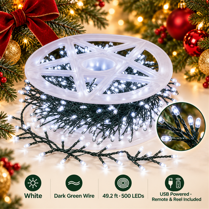🎄✨ 49.2ft 500 LED Christmas Cluster String Lights – USB Powered with US Plug, Remote & Storage Reel 🎁🎁