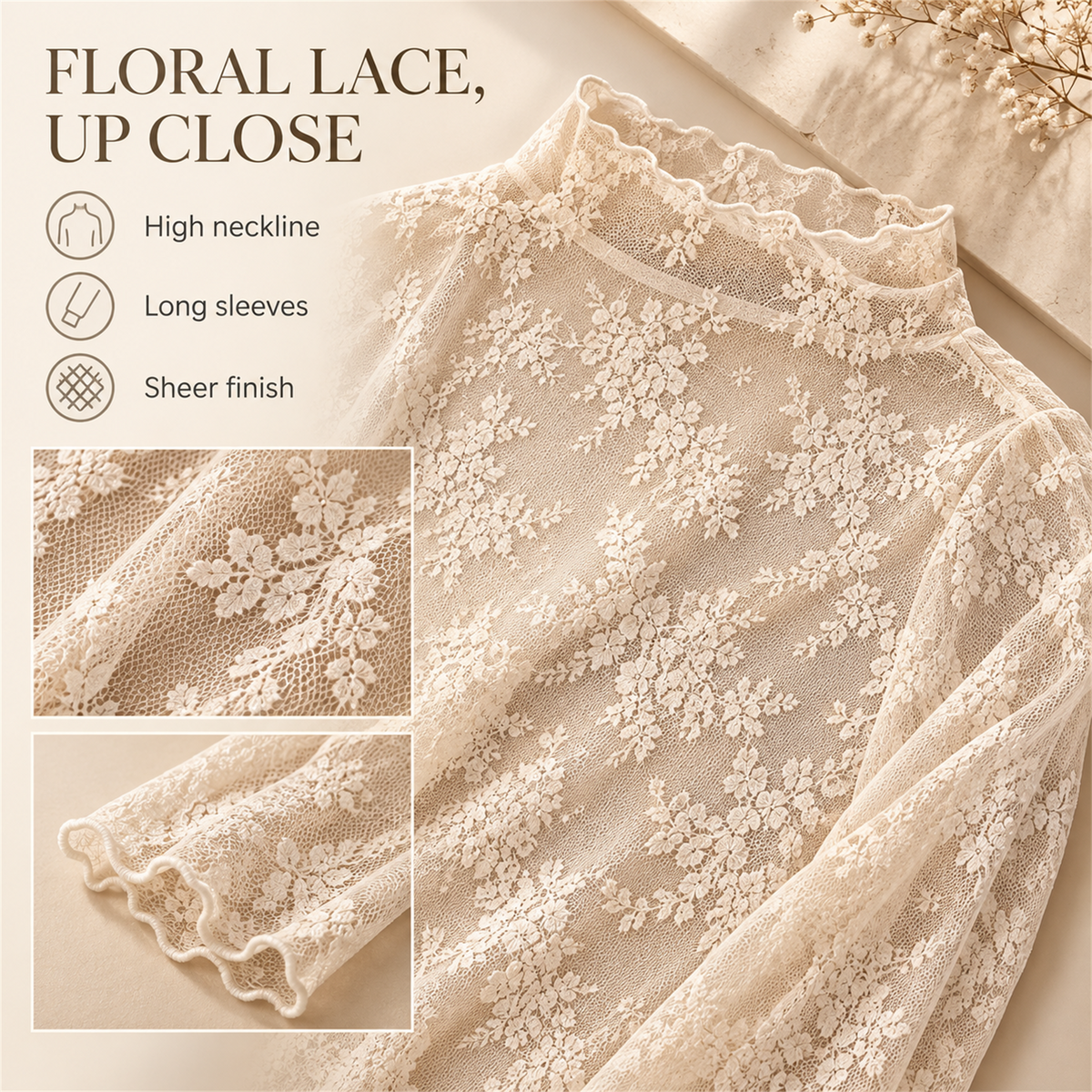 🌸✨ Women's Elegant Floral Lace Mesh Long-Sleeve Innerwear Top – Soft, Breathable & Stretchy 💕
