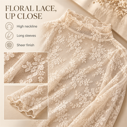🌸✨ Women's Elegant Floral Lace Mesh Long-Sleeve Innerwear Top – Soft, Breathable & Stretchy 💕