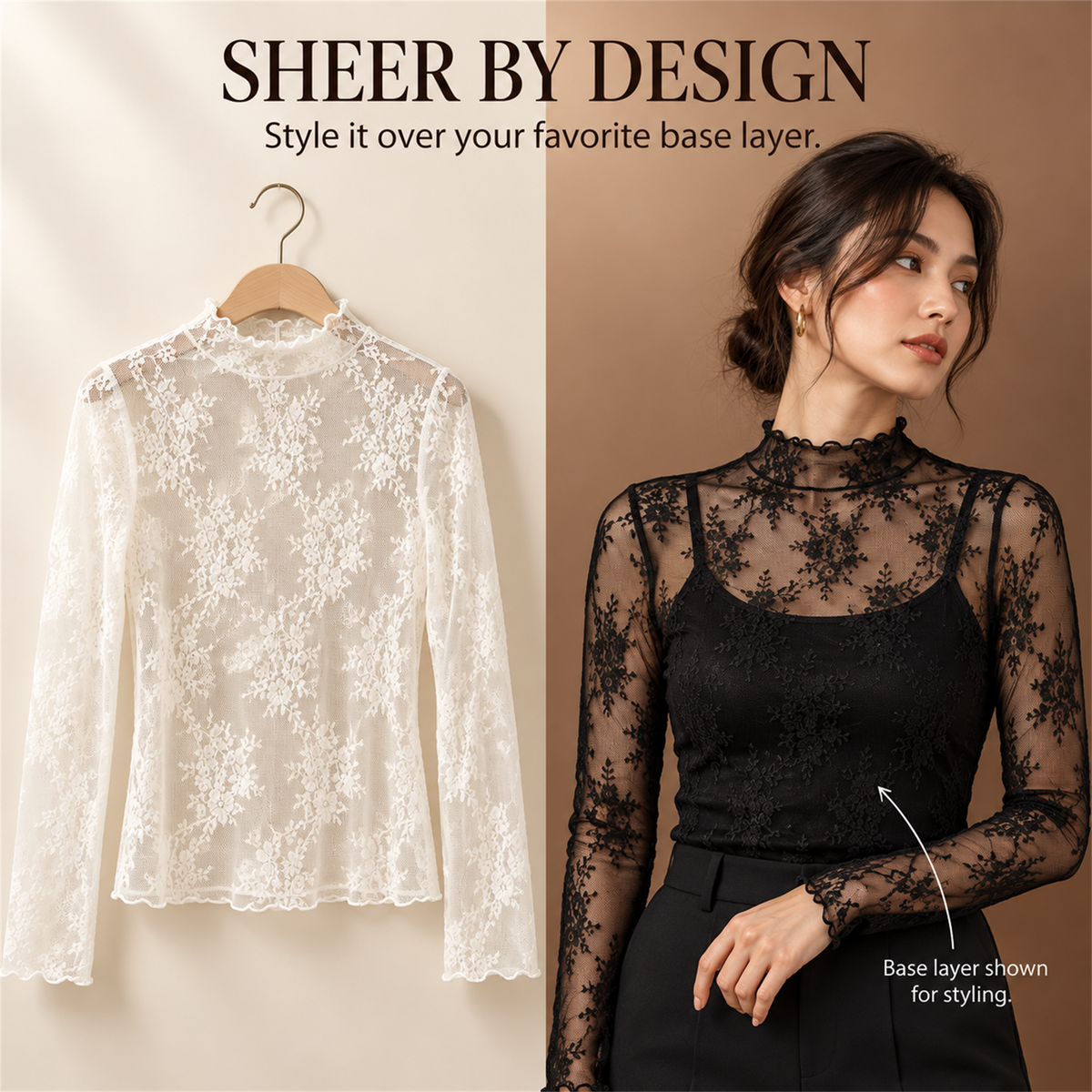 🌸✨ Women's Elegant Floral Lace Mesh Long-Sleeve Innerwear Top – Soft, Breathable & Stretchy 💕
