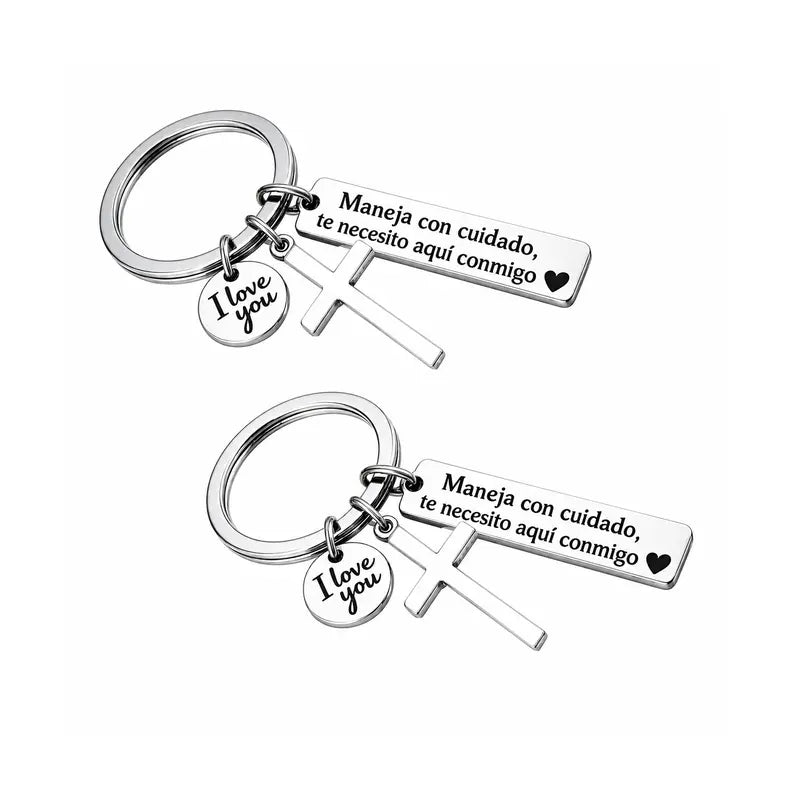 Drive Safe, I Need You Here With Me Keychain – Romantic Spanish Love Gift with Cross & I Love You Charm