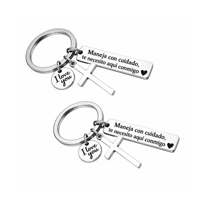 Drive Safe, I Need You Here With Me Keychain – Romantic Spanish Love Gift with Cross & I Love You Charm