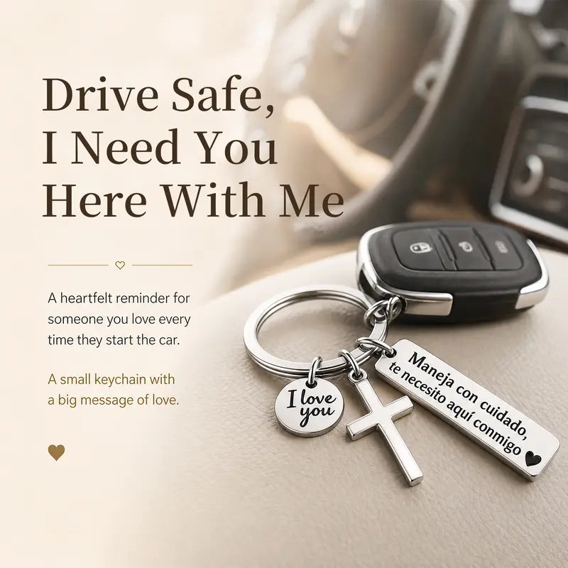 Drive Safe, I Need You Here With Me Keychain – Romantic Spanish Love Gift with Cross & I Love You Charm