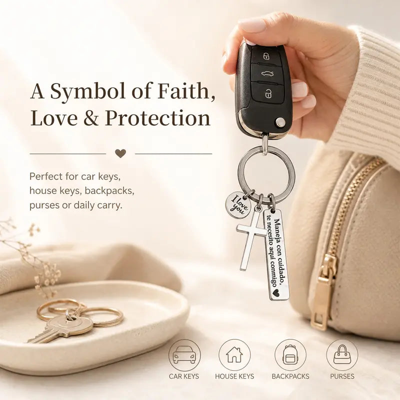 Drive Safe, I Need You Here With Me Keychain – Romantic Spanish Love Gift with Cross & I Love You Charm