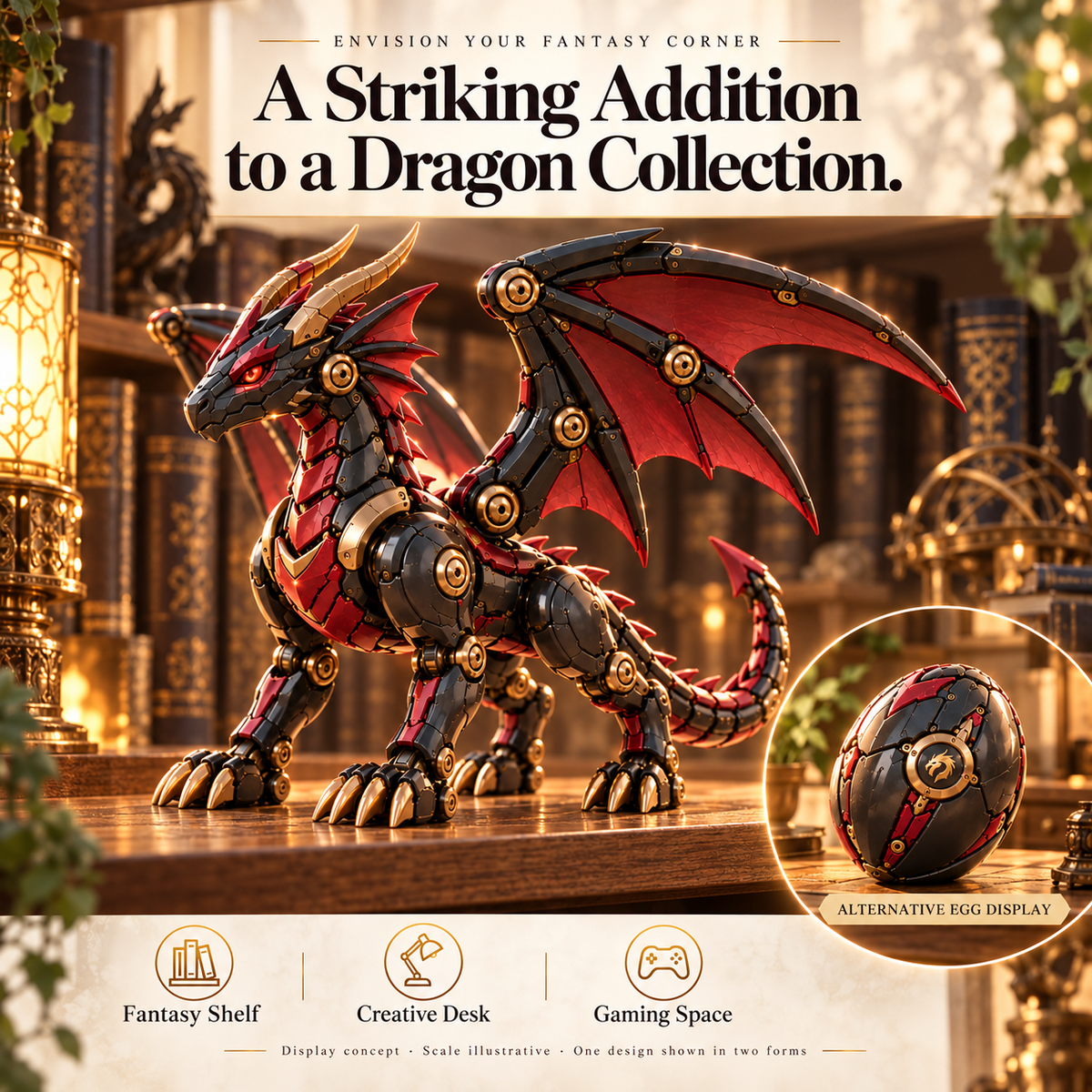 Mechanical Dragon Egg displayed on a fantasy collector shelf