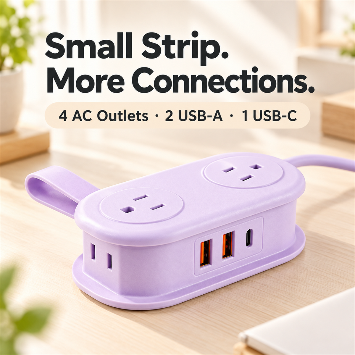 🔌 7-in-1 Compact Power Strip – USB-C Ports, Wrap-Around Cord Storage & Flat Plug ⚡