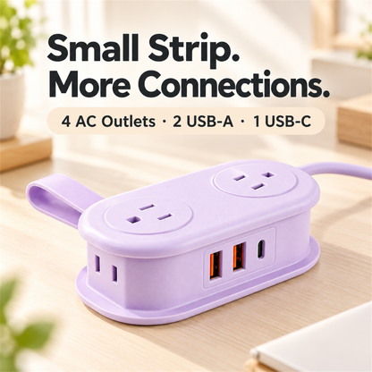 🔌 7-in-1 Compact Power Strip – USB-C Ports, Wrap-Around Cord Storage & Flat Plug ⚡