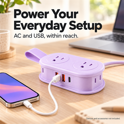 🔌 7-in-1 Compact Power Strip – USB-C Ports, Wrap-Around Cord Storage & Flat Plug ⚡