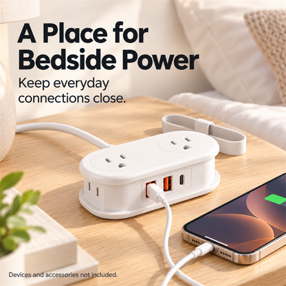 🔌 7-in-1 Compact Power Strip – USB-C Ports, Wrap-Around Cord Storage & Flat Plug ⚡