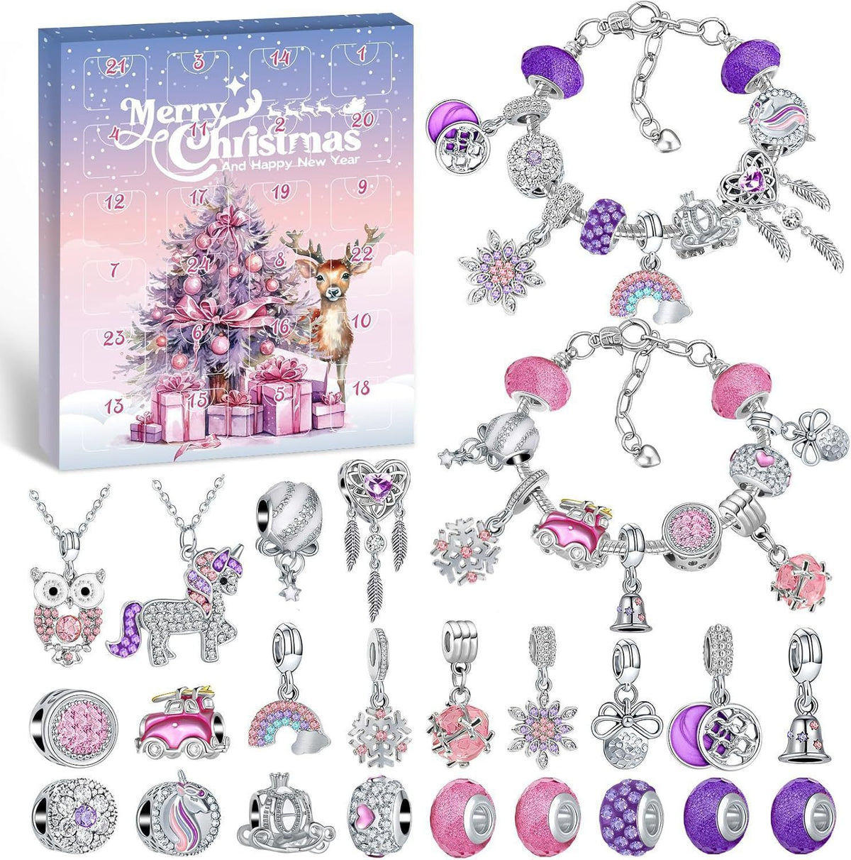 🎄 24-Day Christmas Charm Bracelet Advent Calendar – DIY Jewelry Making Kit with Beads, Charms & Necklace