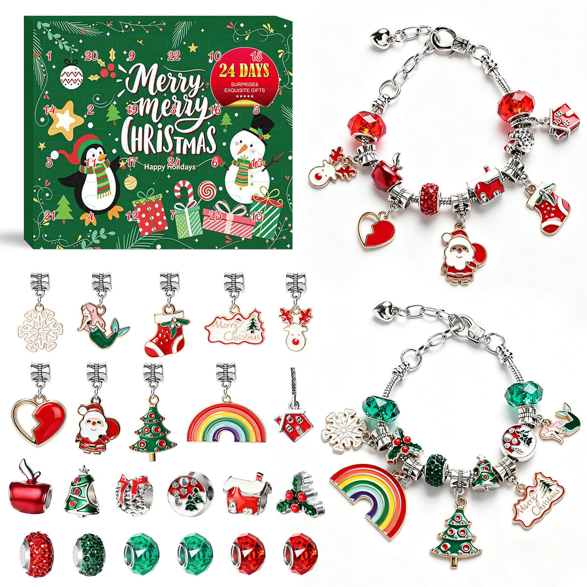 🎄 24-Day Christmas Charm Bracelet Advent Calendar – DIY Jewelry Making Kit with Beads, Charms & Necklace