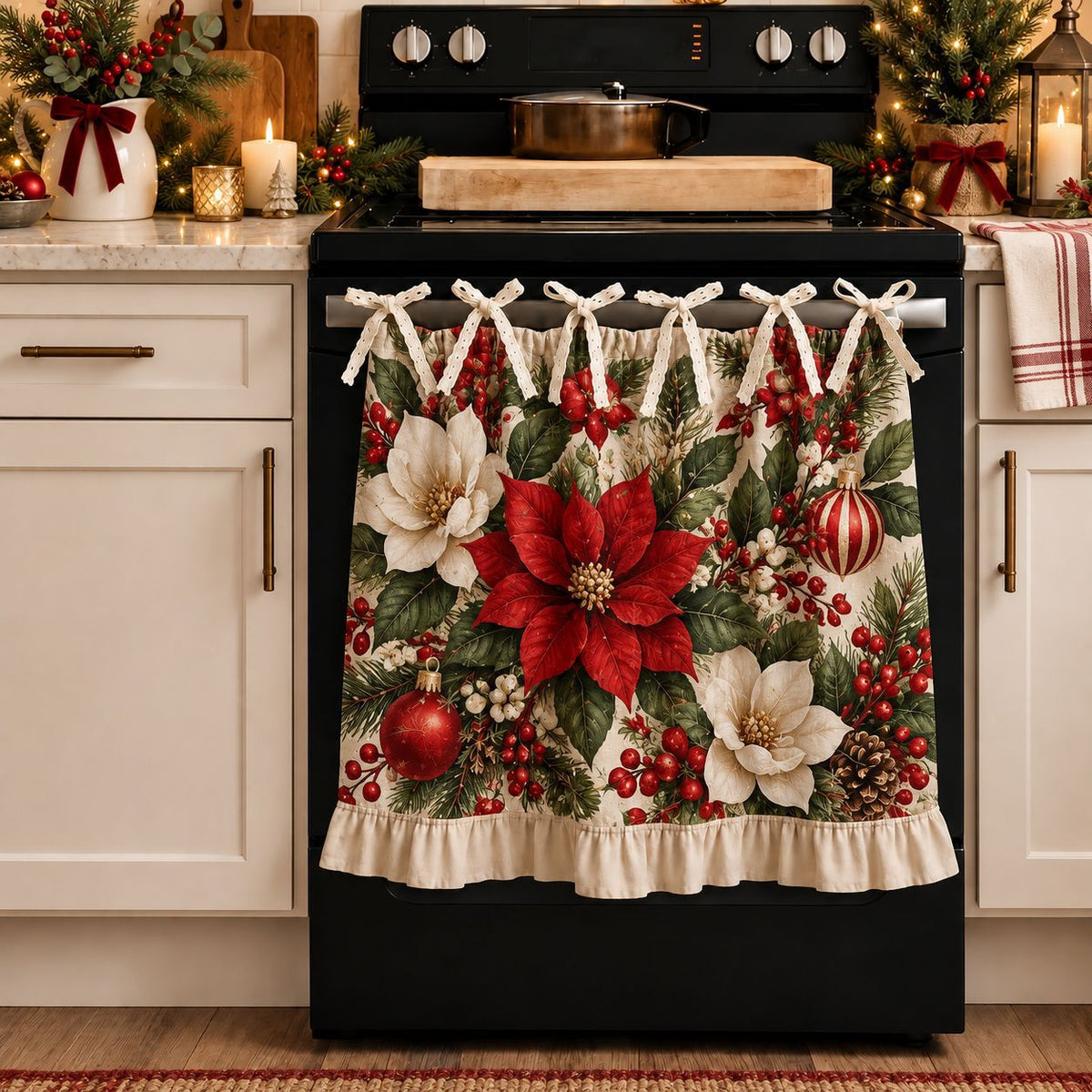 🎄🎅Vintage Santa Oven Door Towel – Christmas Kitchen Decor with Ruffled Ties