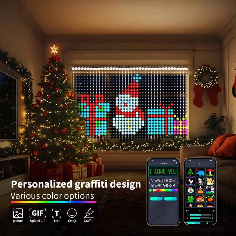 🎄🏠 Smart RGB Pixel Curtain Lights – App-Controlled Animated Holiday Display for Balcony & Window Decor-1.6m*1.6m