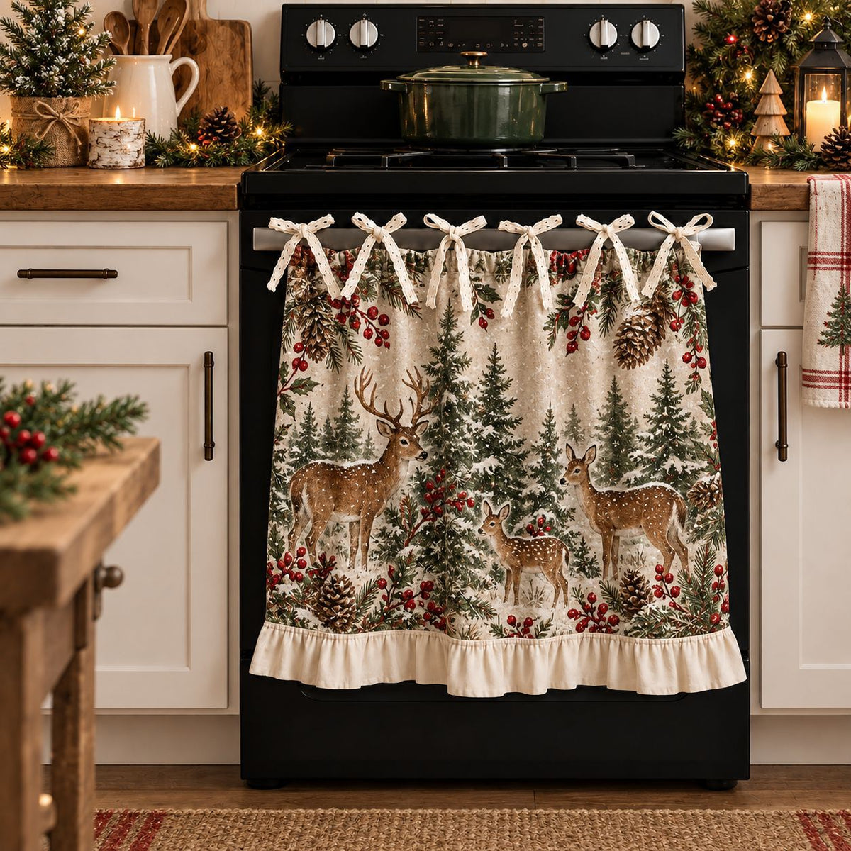 🎄🎅Vintage Santa Oven Door Towel – Christmas Kitchen Decor with Ruffled Ties