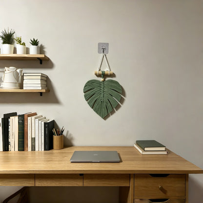 🌿🏡Handwoven Monstera Leaf Wall Hanging – Boho Macramé Decor with Wooden Bead & Dowel