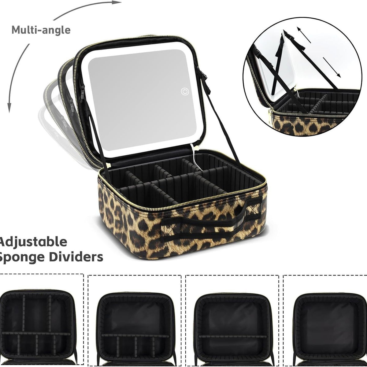 Travel Makeup Bag with LED Mirror – 3 Light Modes, Adjustable Dividers & Waterproof Cosmetic Organizer