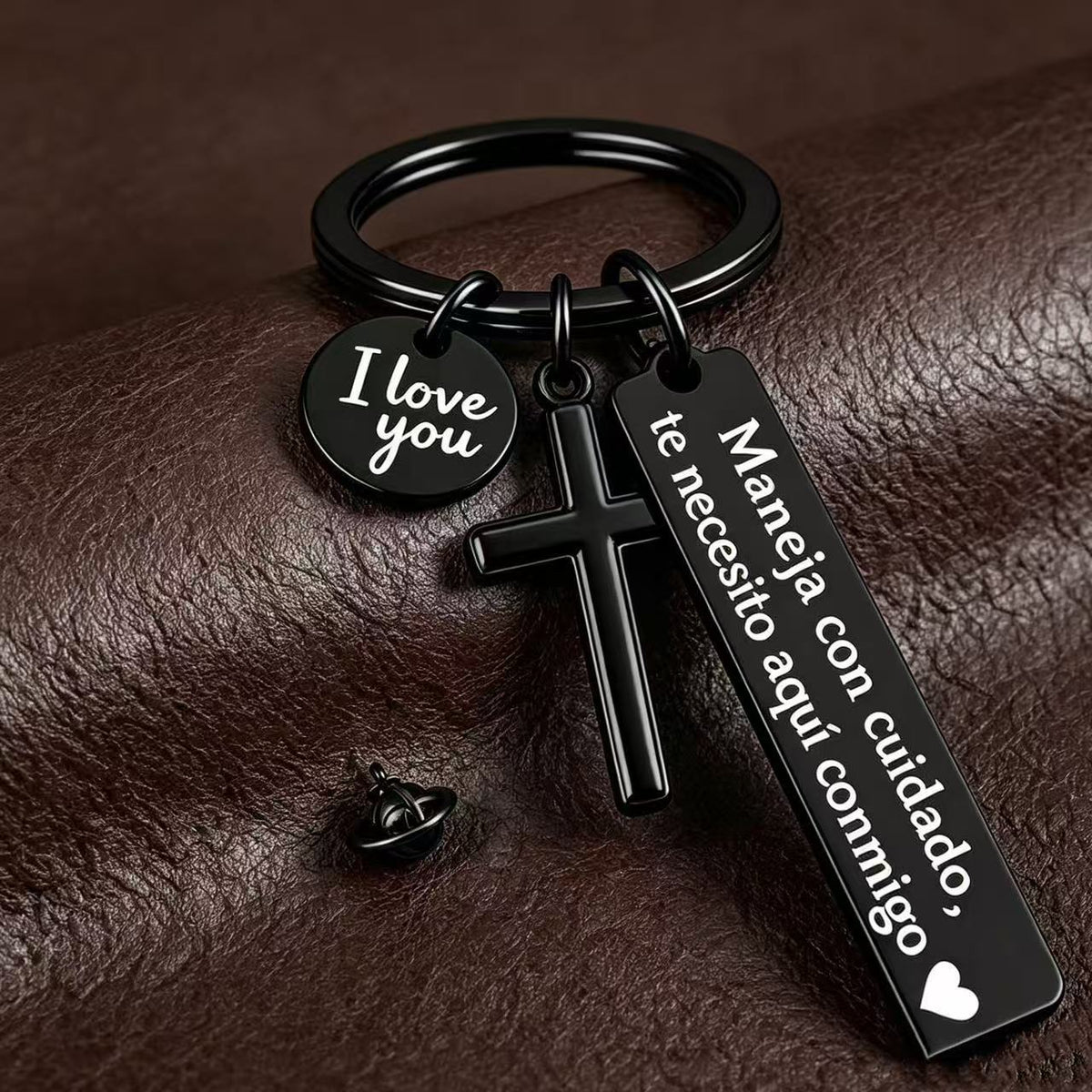 Drive Safe, I Need You Here With Me Keychain – Romantic Spanish Love Gift with Cross & I Love You Charm