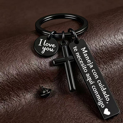 Drive Safe, I Need You Here With Me Keychain – Romantic Spanish Love Gift with Cross & I Love You Charm
