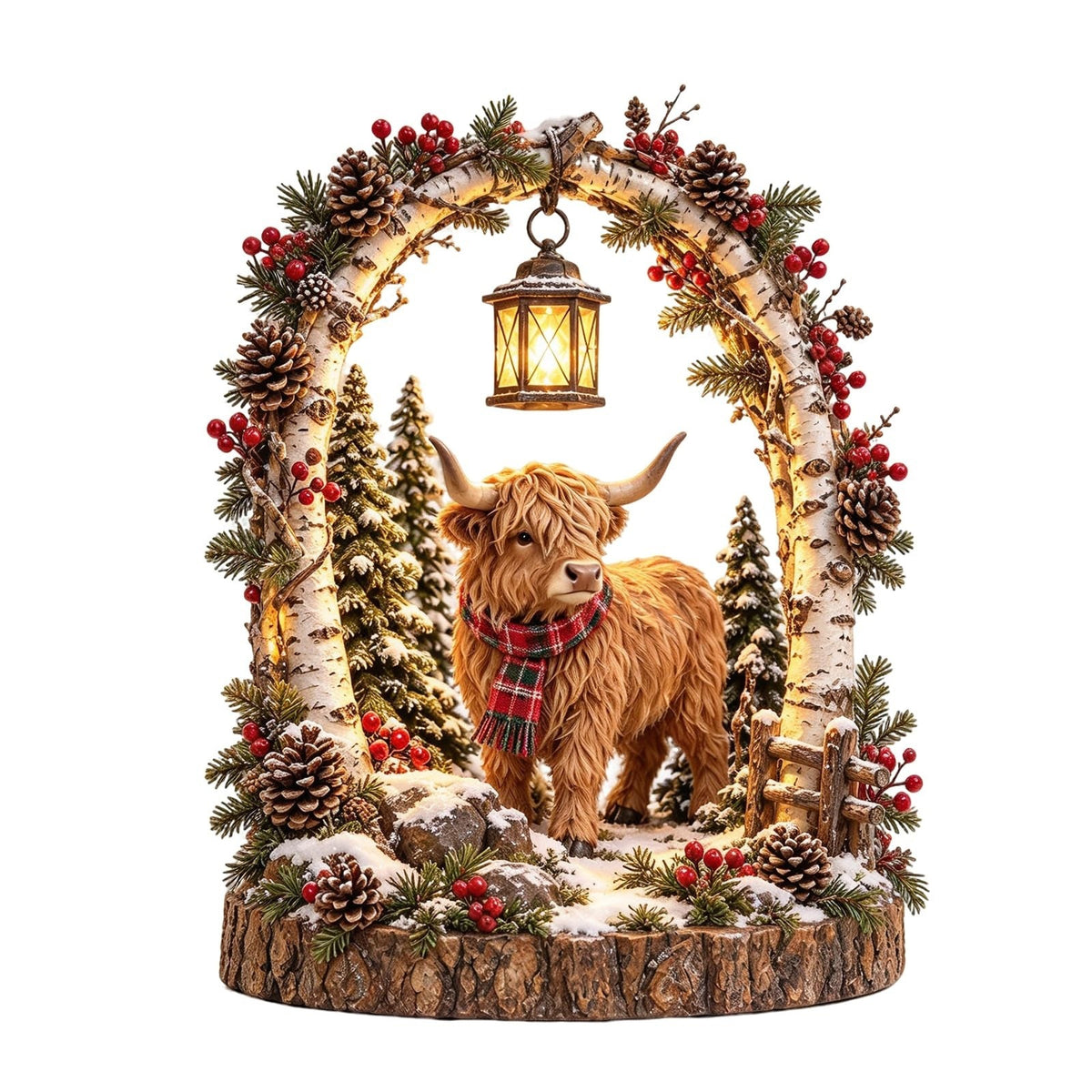 🦬 Highland Cow Christmas Woodland Lantern Decor 🎄 – Rustic Lighted Farmhouse Winter Tabletop Decoration 🎁