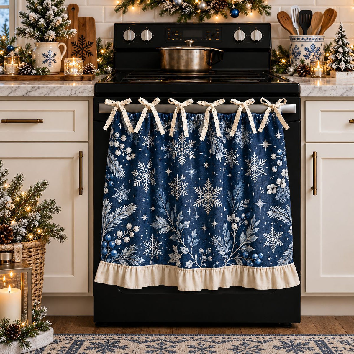 🎄🎅Vintage Santa Oven Door Towel – Christmas Kitchen Decor with Ruffled Ties