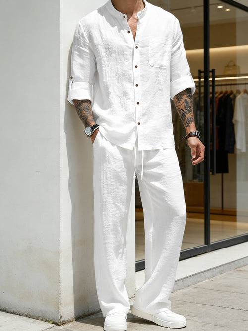 🔥Men's Linen Stand Collar Long Sleeve Button Shirt & Straight Leg Pants Set
