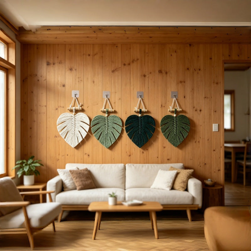 🌿🏡Handwoven Monstera Leaf Wall Hanging – Boho Macramé Decor with Wooden Bead & Dowel
