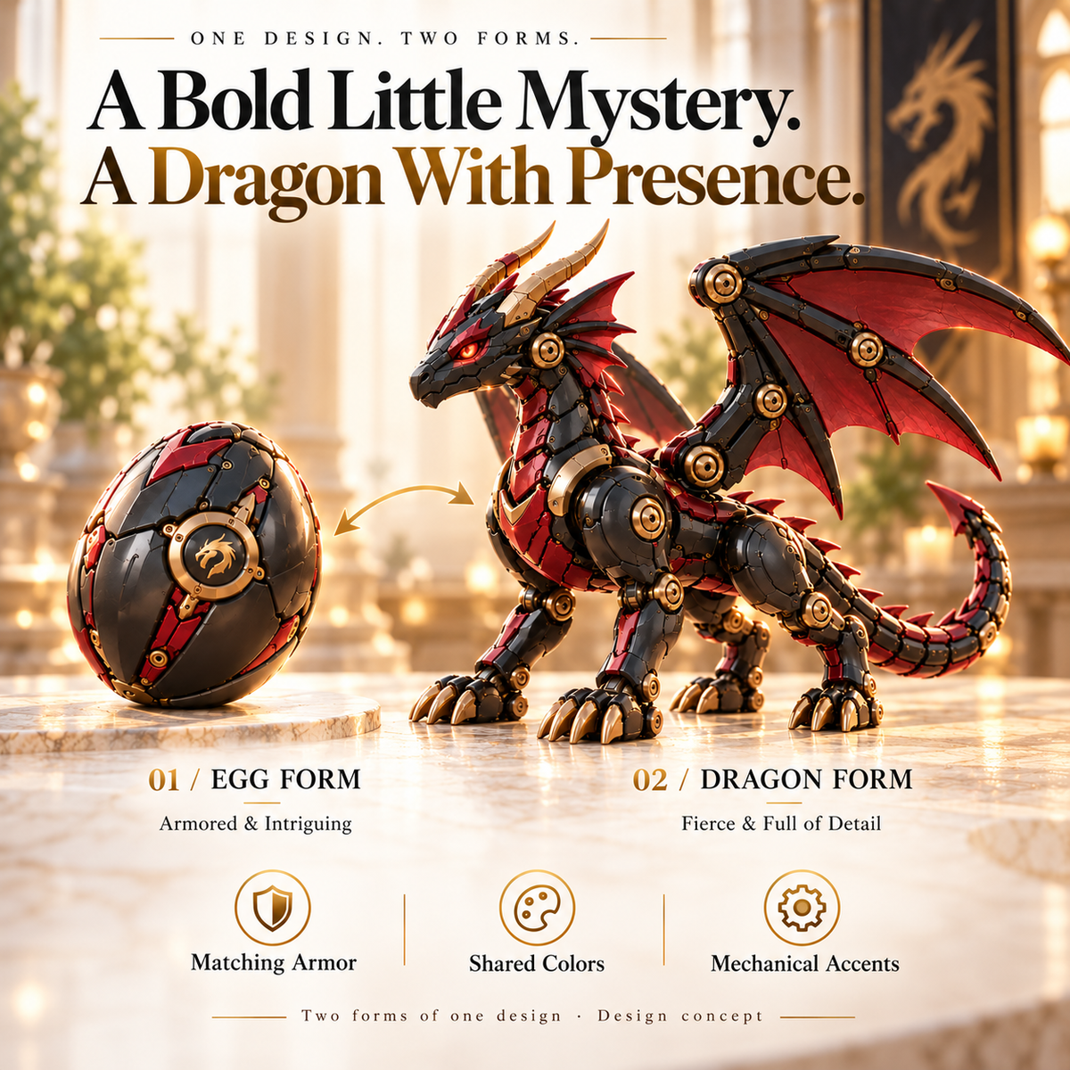 Black crimson and gold mechanical dragon egg two-form design