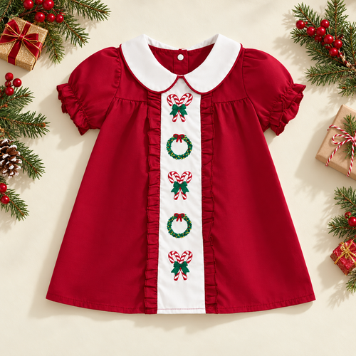 🎄 Little Girls’ Christmas Dress – Candy Embroidery, Puff Sleeves & Doll Collar | Ages 1–6 🎀