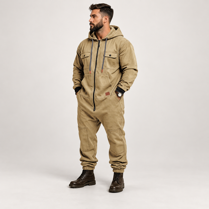🛠️ Men’s Hooded Cargo Jumpsuit – Multi-Pocket, Zip-Front & Relaxed Fit 🏕️