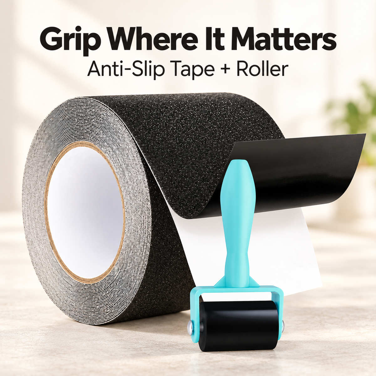 🛑 80-Grit Anti-Slip Tape – 35ft × 4in Peel-and-Stick Roll with Roller for Stairs & Floors ✨