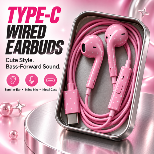 🎧✨ Cute Star & Polka Dot Type-C Wired Earbuds – Heavy Bass Earphones with Mic & Metal Storage Box 🌟