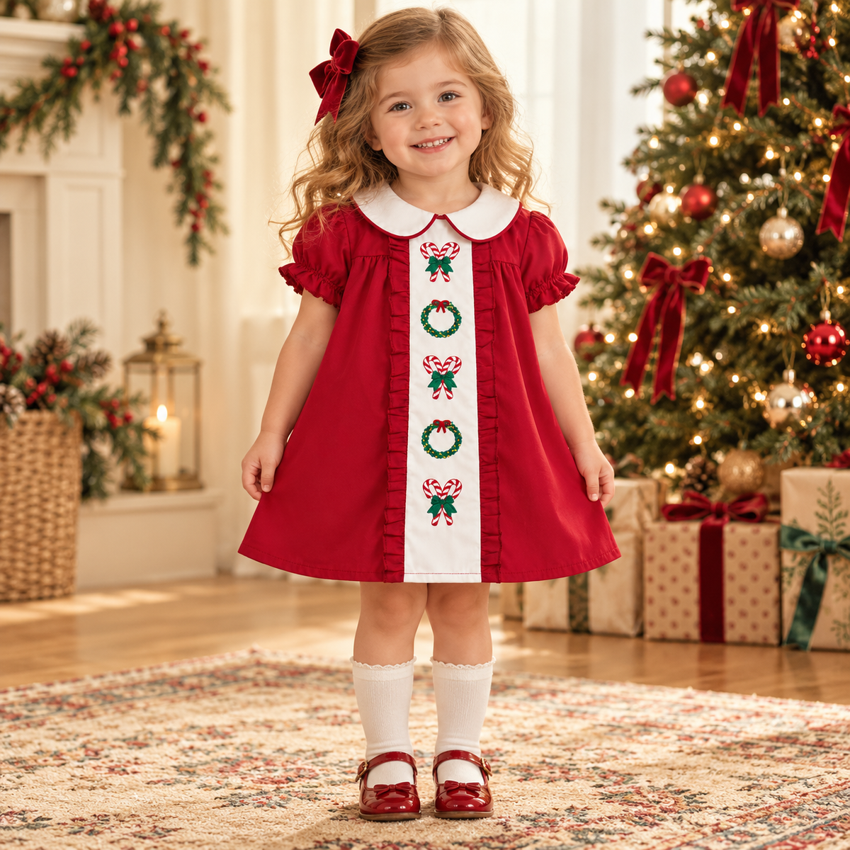 🎄 Little Girls’ Christmas Dress – Candy Embroidery, Puff Sleeves & Doll Collar | Ages 1–6 🎀