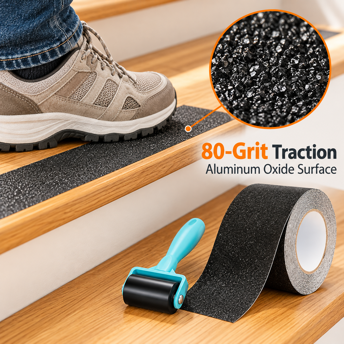 🛑 80-Grit Anti-Slip Tape – 35ft × 4in Peel-and-Stick Roll with Roller for Stairs & Floors ✨