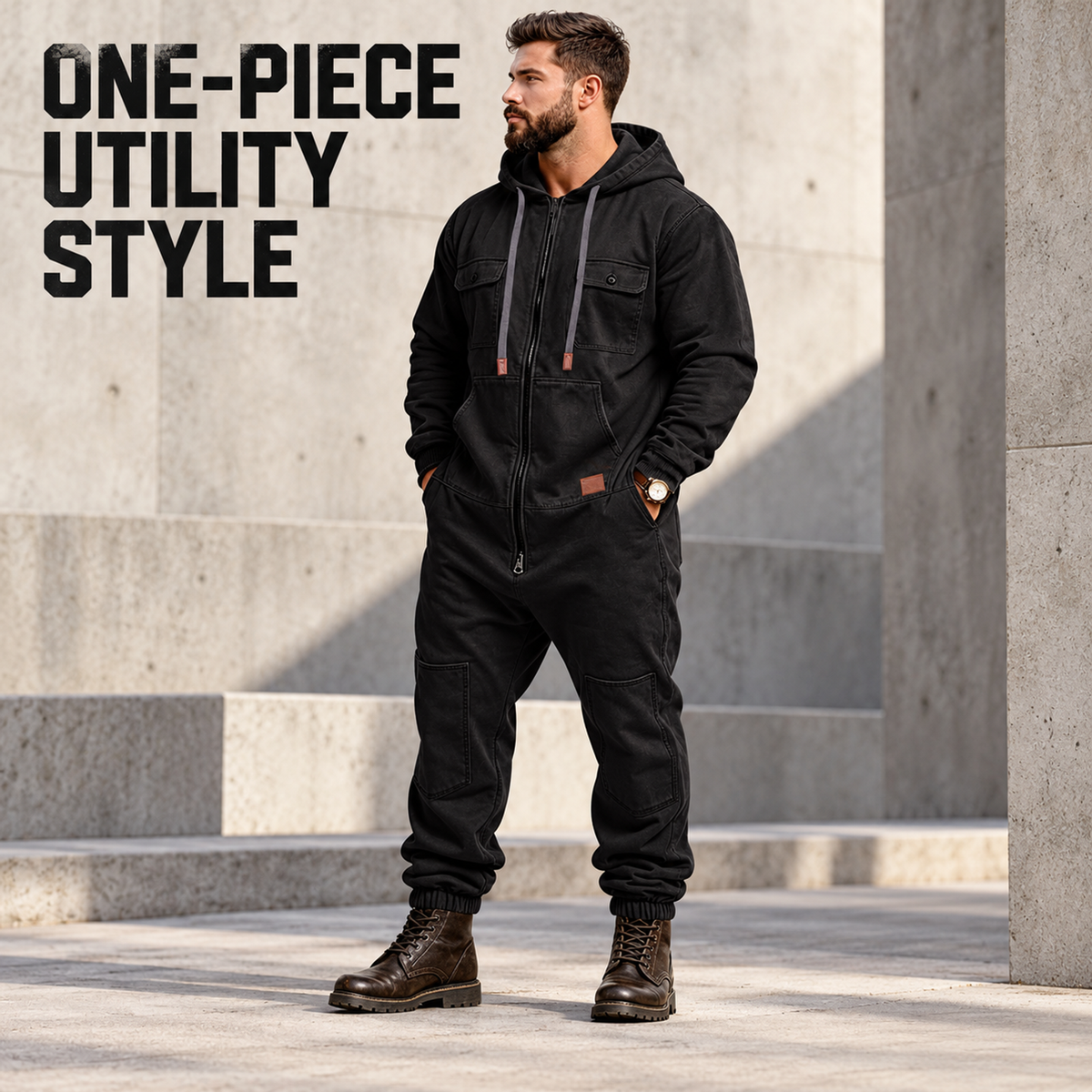 🛠️ Men’s Hooded Cargo Jumpsuit – Multi-Pocket, Zip-Front & Relaxed Fit 🏕️