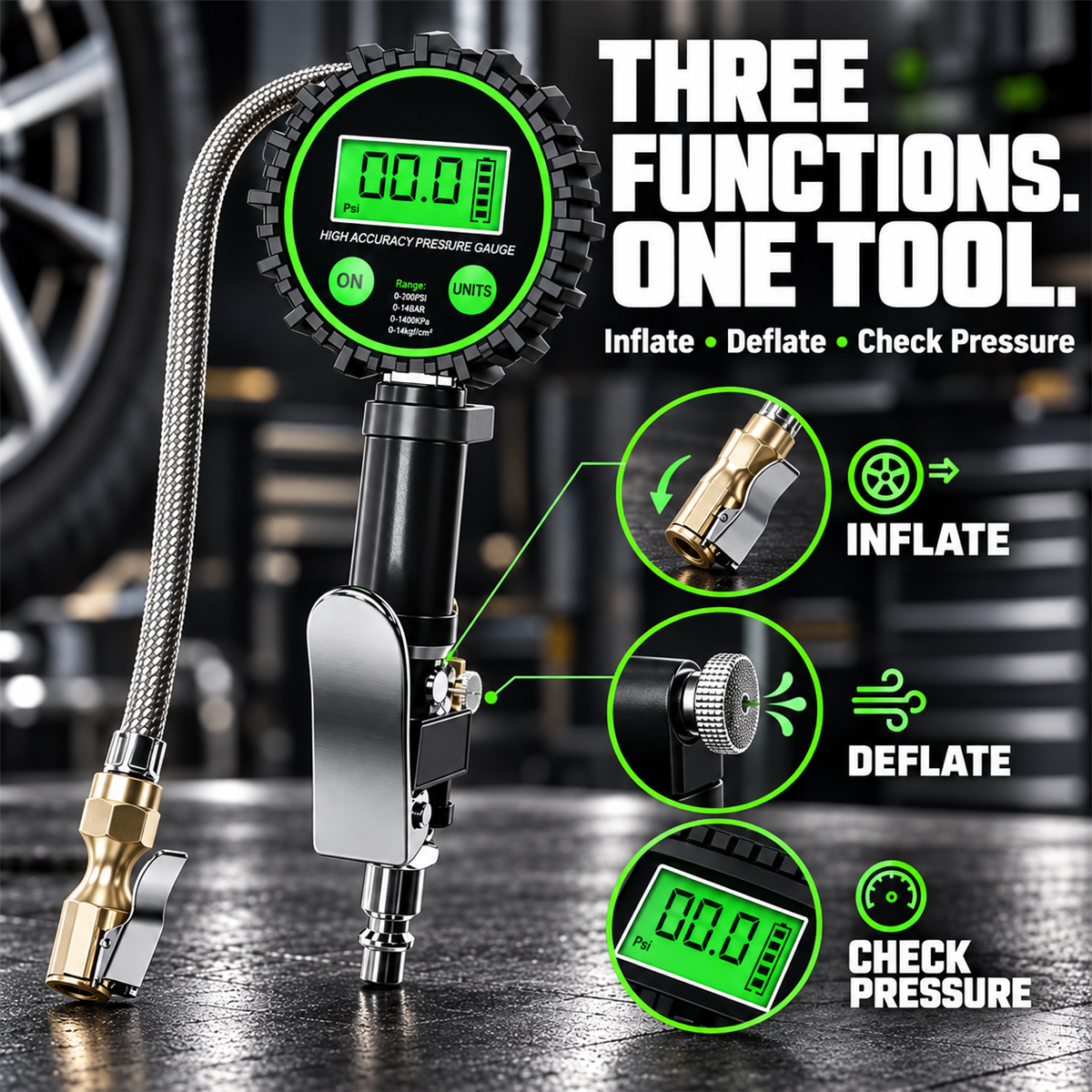 🔧 3-in-1 Digital Tire Inflator with Pressure Gauge & Locking Air Chuck