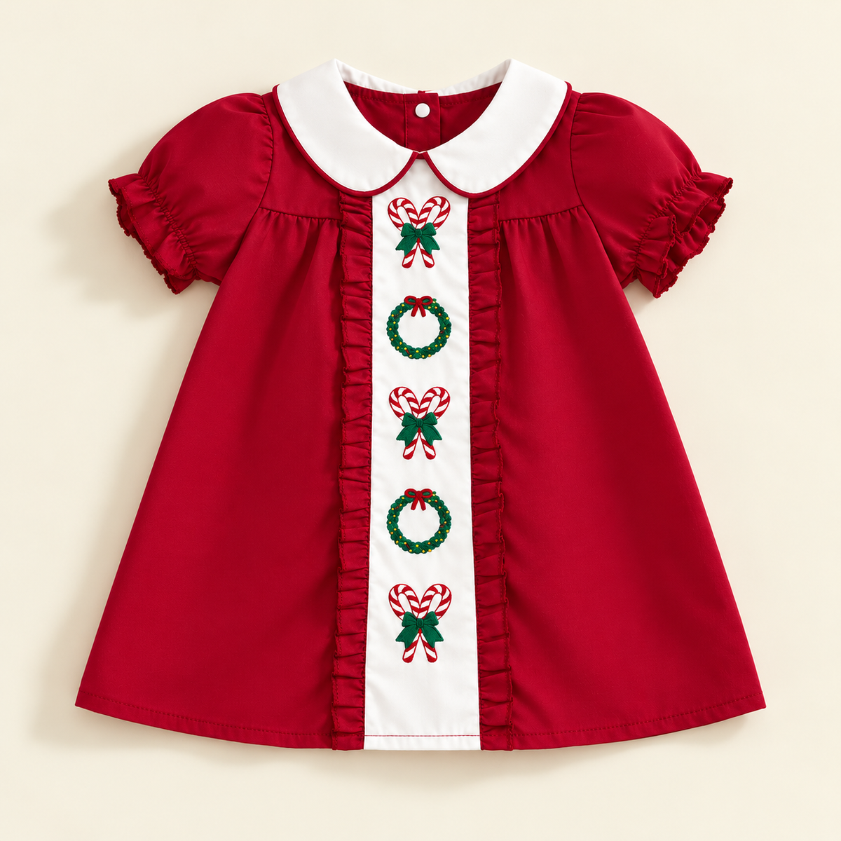 🎄 Little Girls’ Christmas Dress – Candy Embroidery, Puff Sleeves & Doll Collar | Ages 1–6 🎀