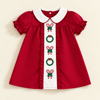 🎄 Little Girls’ Christmas Dress – Candy Embroidery, Puff Sleeves & Doll Collar | Ages 1–6 🎀
