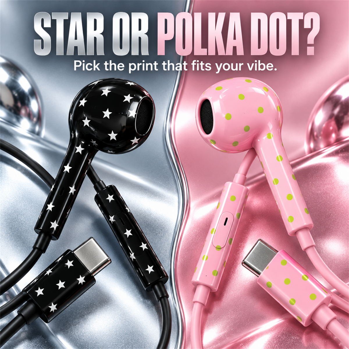 🎧✨ Cute Star & Polka Dot Type-C Wired Earbuds – Heavy Bass Earphones with Mic & Metal Storage Box 🌟