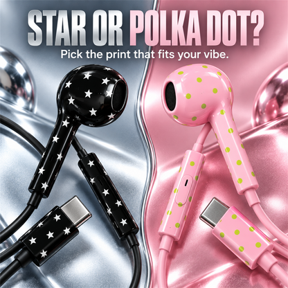 🎧✨ Cute Star & Polka Dot Type-C Wired Earbuds – Heavy Bass Earphones with Mic & Metal Storage Box 🌟
