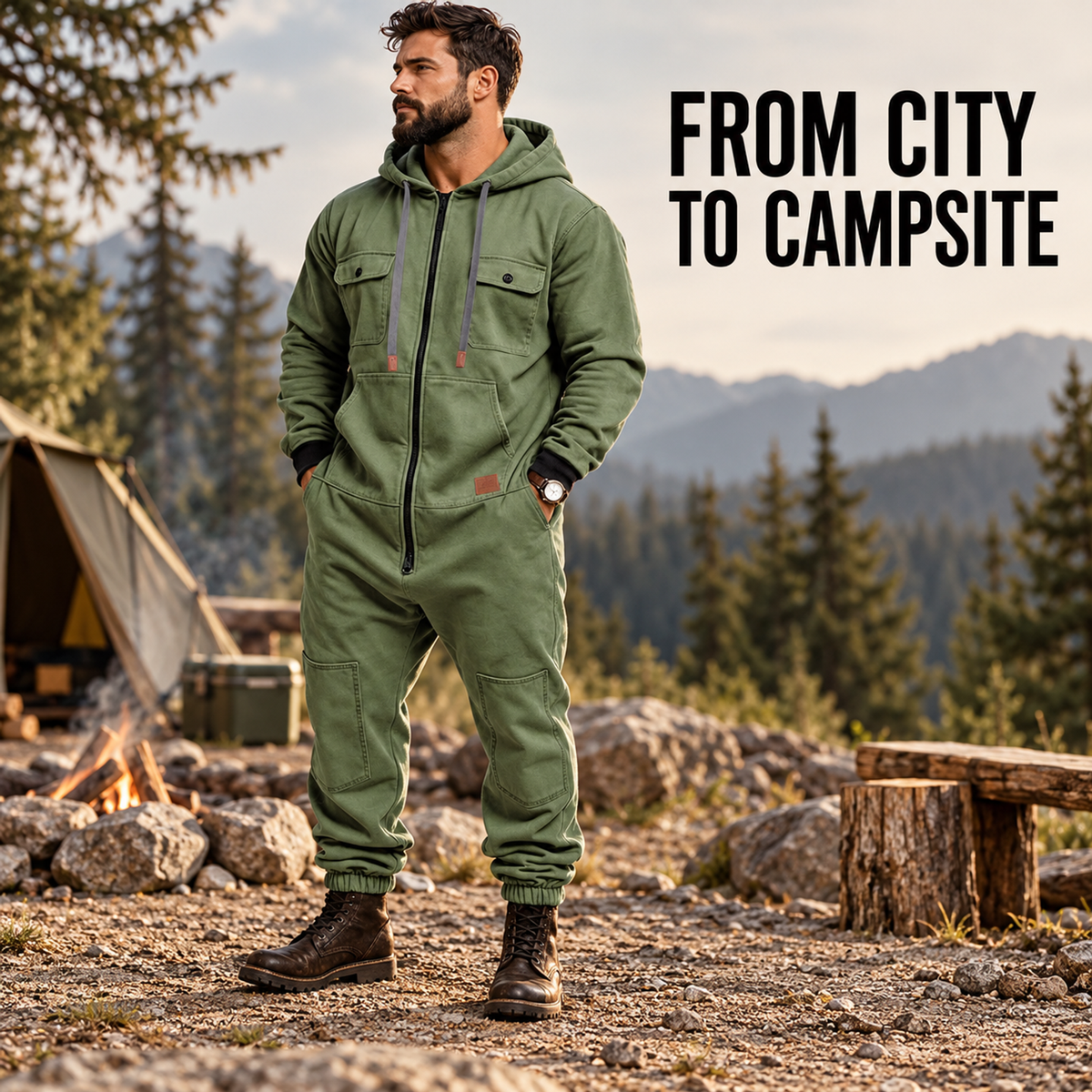 🛠️ Men’s Hooded Cargo Jumpsuit – Multi-Pocket, Zip-Front & Relaxed Fit 🏕️