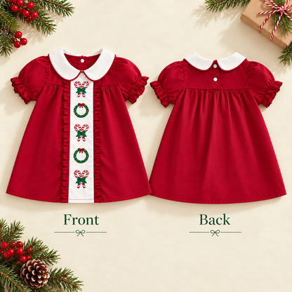 🎄 Little Girls’ Christmas Dress – Candy Embroidery, Puff Sleeves & Doll Collar | Ages 1–6 🎀
