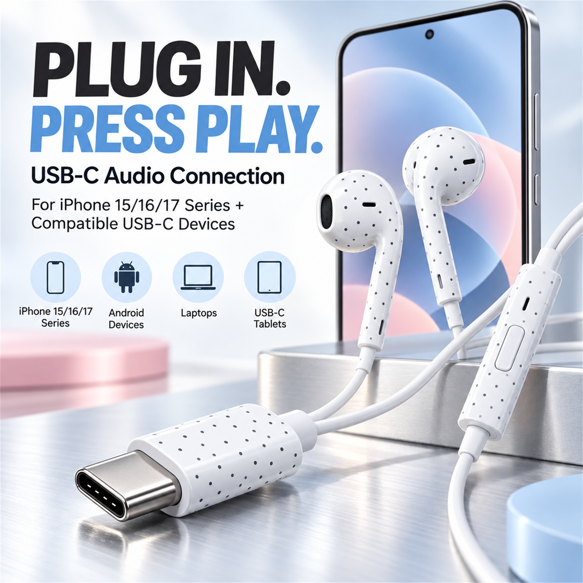 🎧✨ Cute Star & Polka Dot Type-C Wired Earbuds – Heavy Bass Earphones with Mic & Metal Storage Box 🌟