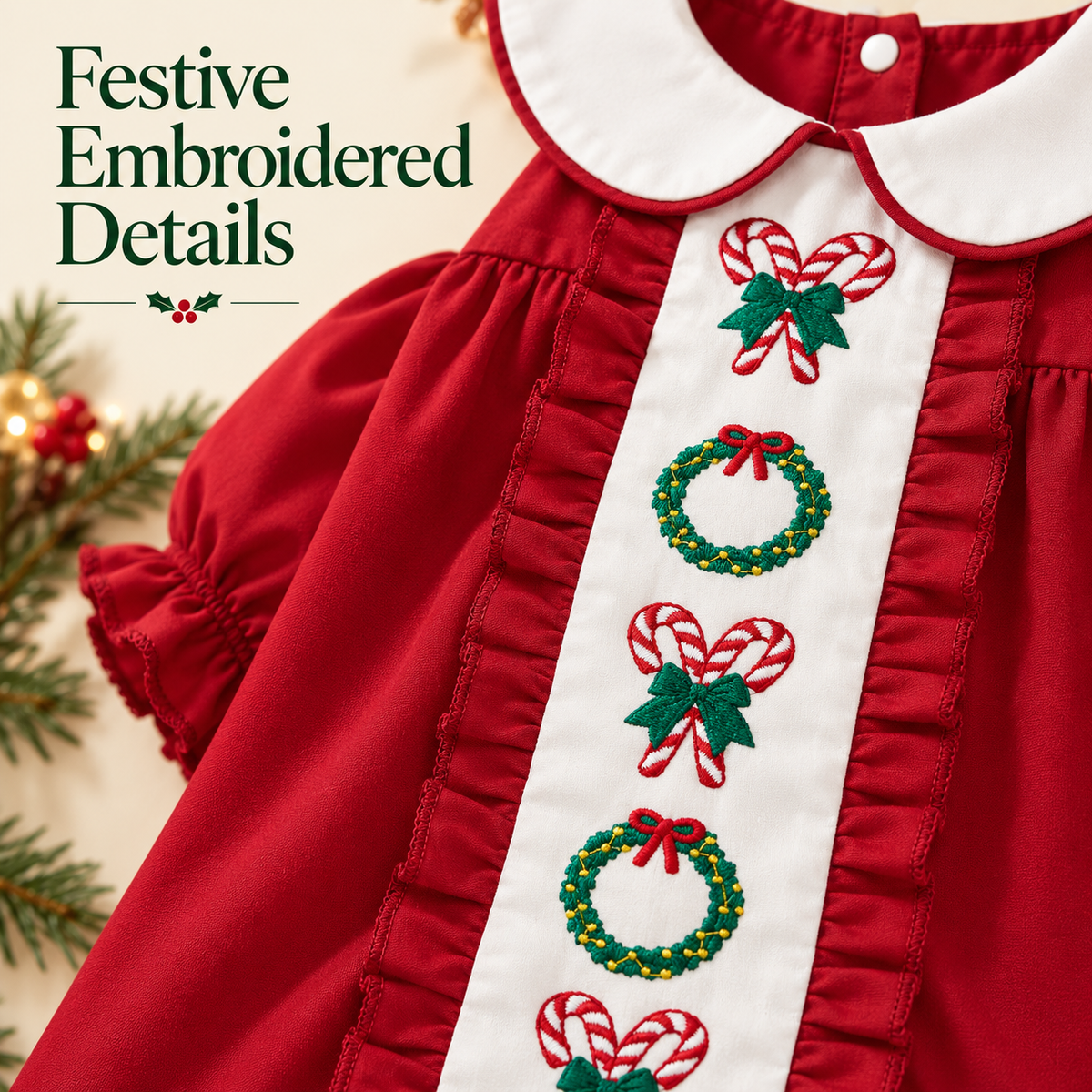🎄 Little Girls’ Christmas Dress – Candy Embroidery, Puff Sleeves & Doll Collar | Ages 1–6 🎀