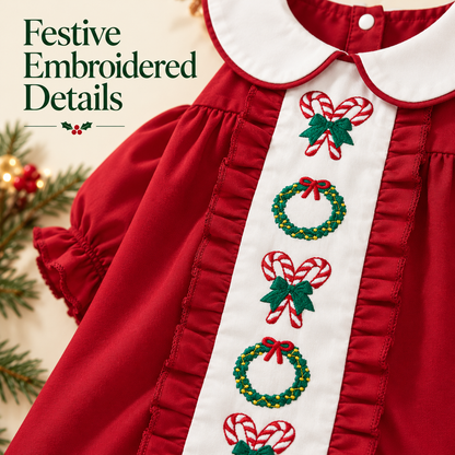 🎄 Little Girls’ Christmas Dress – Candy Embroidery, Puff Sleeves & Doll Collar | Ages 1–6 🎀